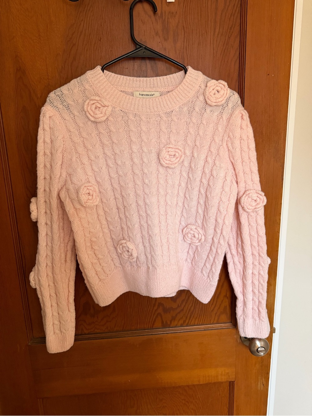 Francesca's Light Pink Cable Knit Sweater with Floral Rosettes
